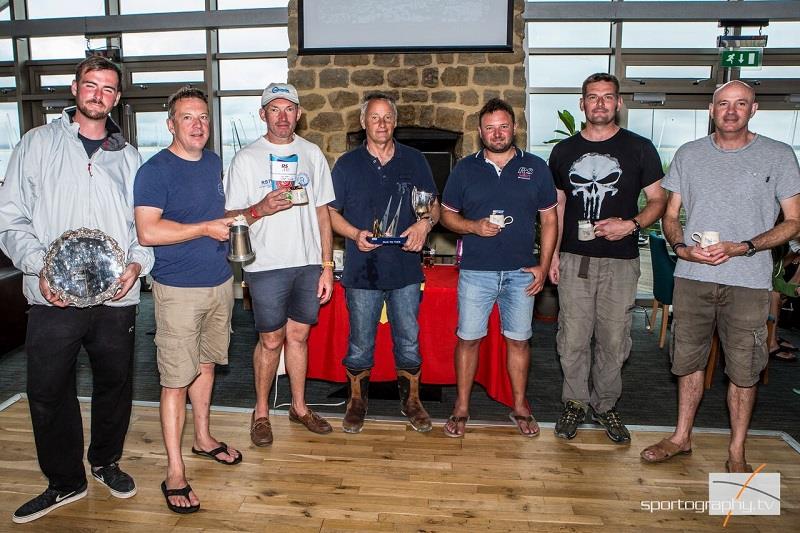 Prize winners in the Volvo Noble Marine RS700 Nationals at Hayling Island (l-r) 1st Silver Theo Galyer, Master Andy Brown, Top Club HISC, 3rd Ian Swann, National and European Champion Jerry Wales, 2nd Robbie Bell, 5th Richard Wadsworth, 4th Adam Golding photo copyright Alex Irwin / www.sportography.tv taken at Hayling Island Sailing Club and featuring the RS700 class