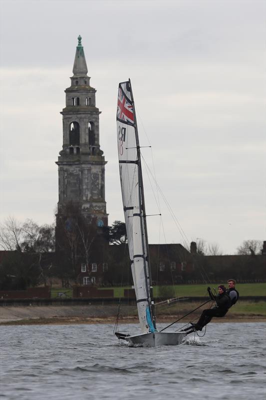 An RS800 competes with the clock tower for good posture on day 6 of the Fox's Marine & Country Alton Water Frostbite Series photo copyright Tim Bees taken at Alton Water Sports Centre and featuring the RS800 class