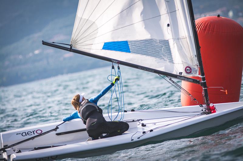 Kate Sargent gybes around the leeward mark in the 5 rig fleet on day 1 of the RS Aerocup at Malcesine, Lake Garda - photo © SBG Films