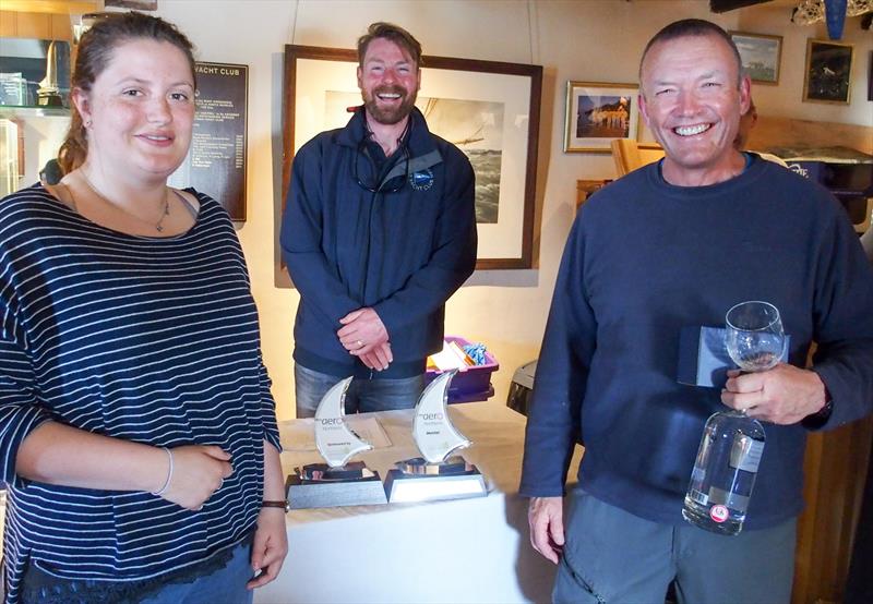 (l-r) Catriona Marston (who presented the prizes), Robbie Lawson, Commodore of East Lothian Yacht Club, and Iain McGonigal of North Berwick who won the RS Aero Class for the home club - photo © Derek Braid