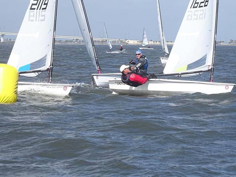 RS Aero 5, 7 and 9 rigs all crossing the finishing line in tight formation at the RS Aero Florida State Championship photo copyright Mike Grant taken at US Sailing Center of Martin County and featuring the  class