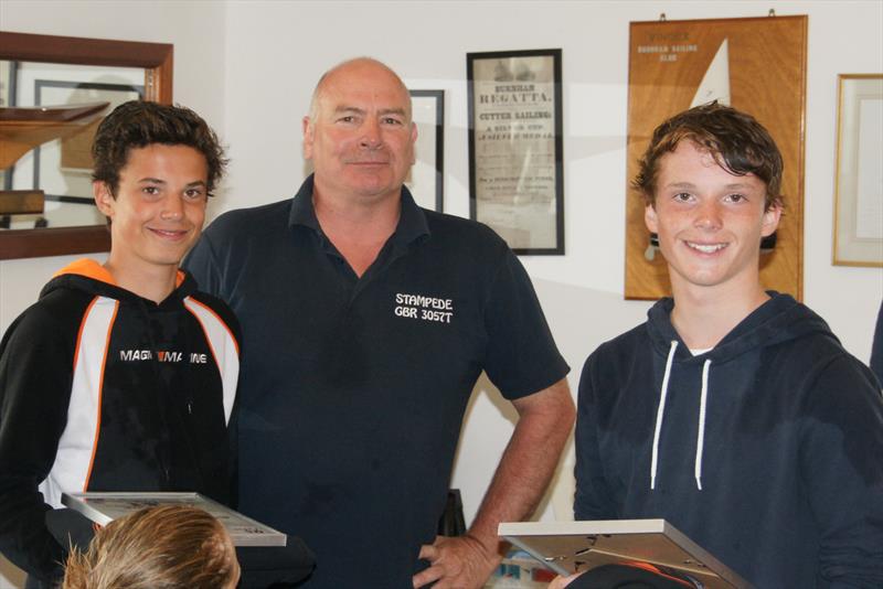 Fin & Dan Armstrong with Digger during the RS Feva Grand Prix at Burnham prize giving - photo © Alan Hanna