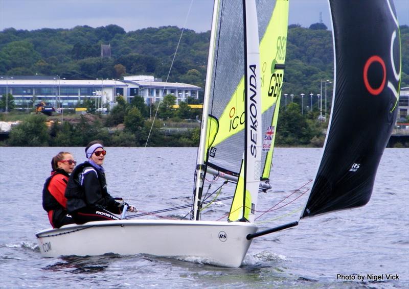 1st Feva Girls and 3rd overall, Lucy Hughes and Molly Parrish at the RYA Zone Championships in Cardiff Bay photo copyright Nigel Vick taken at Cardiff Bay Yacht Club and featuring the RS Feva class