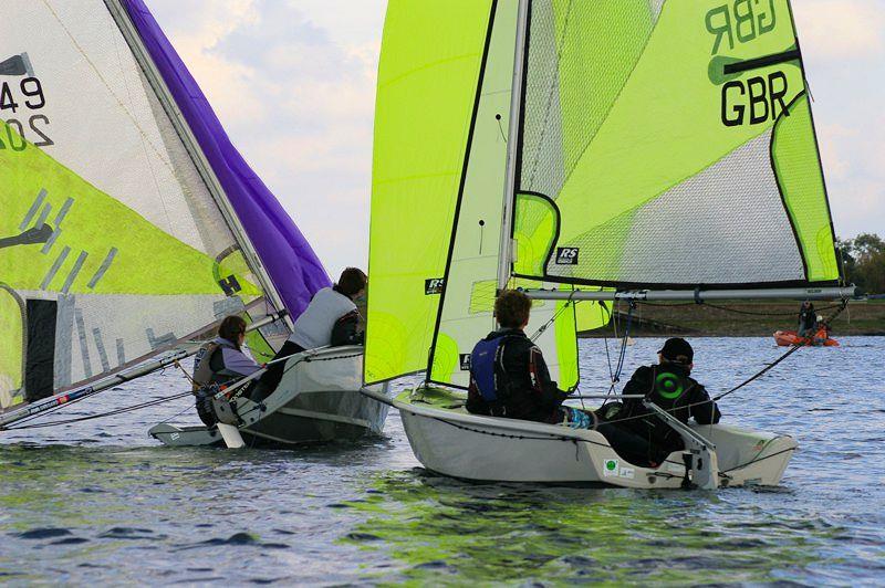 Tom Williamson and Maisie Bristow gybing for clear air ahead of Charlie Harris and Robert Pleasance at the RS Feva open at Island Barn Reservoir photo copyright Jim Champ taken at Island Barn Reservoir Sailing Club and featuring the RS Feva class