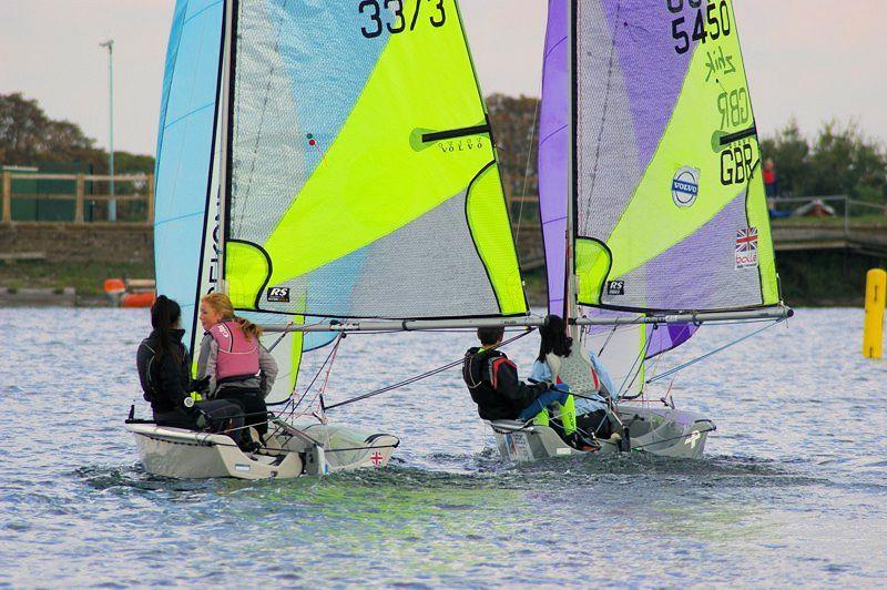Overall winners Ching Wong and ElinorOLeary battling with runners up Joe Slipper and Tea Sirolla at the RS Feva open at Island Barn Reservoir - photo © Jim Champ