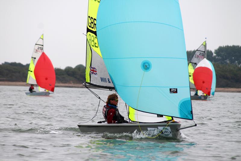 William Pank concentrates as he steers the Norwich Schools boat to victory in the RS Fevas at the Itchenor Schools Championships - photo © Jessica Marsh