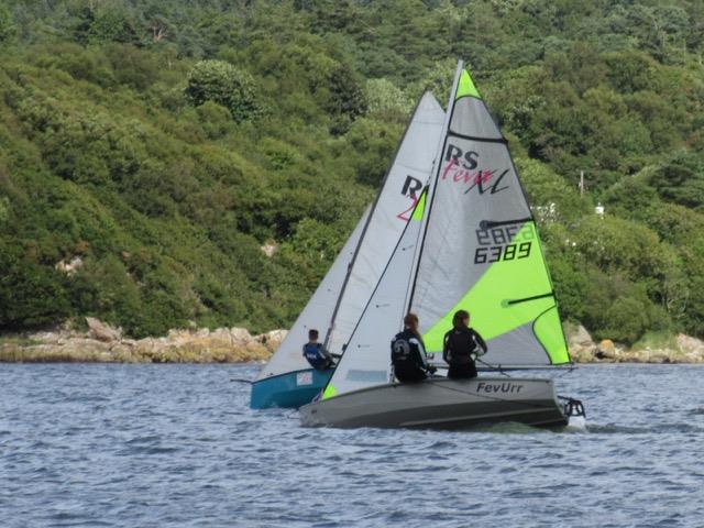 Close racing with Philippa Howie and Louisa Birdsall just ahead upwind at Solway Yacht Club Cadet Week photo copyright Ian Purkis taken at Solway Yacht Club and featuring the RS Feva class