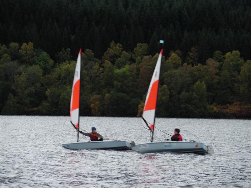 Tight battles all the way down the fleet as the Ewan Wilson and Peter Owen in RS Teras fight for position at the bottom mark on day one of the RYA Scotland Champion of Champions Trophy at Loch Tummel photo copyright Matt Toynbee taken at Loch Tummel Sailing Club and featuring the RS Tera class