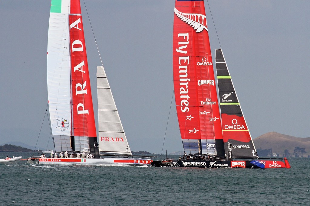 Emirates Team NZ keeps clear of Luna Rossa in the final seconds of the prestart - AC72 Race Practice - Takapuna March 8, 2013 photo copyright Richard Gladwell www.photosport.co.nz taken at  and featuring the  class