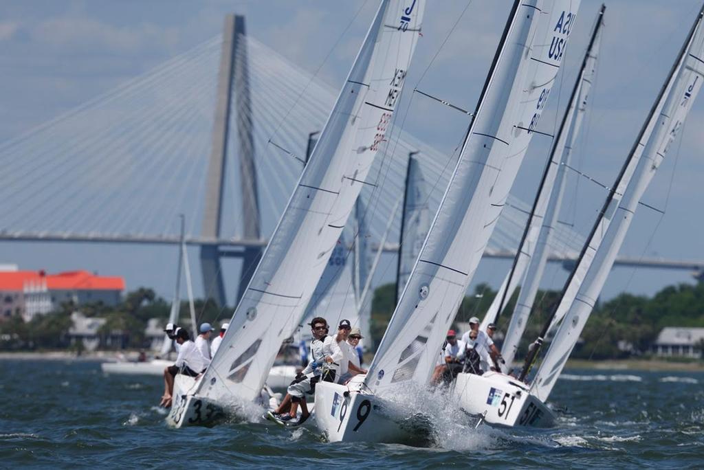 Oivind Lorentzen's J/70 Nine leads his fleet as they beat to windward just south of the Ravenel Bridge. Nine sits in third place after the first day of racing at Sperry Charleston Race Week 2017. - photo © Tim Wilkes / Charleston Race Week
