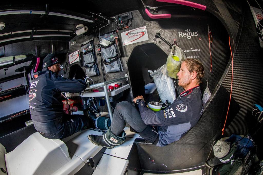 Leg 02, Lisbon to Cape Town, Day 14 reakfast meeting David Witt and Luke Parkinson on board Sun Hung Kai/Scallywag. Photo by Konrad Frost/Volvo Ocean Race. 18 November, 2017. photo copyright Volvo Ocean Race http://www.volvooceanrace.com taken at  and featuring the  class