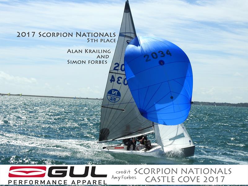 Alan Krailing & Simon Forbes finish 5th in the Gul Scorpion Nationals at Castle Cove photo copyright Amy Forbes taken at Castle Cove Sailing Club and featuring the Scorpion class