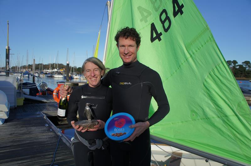 Luke and Emma McEwen win the Penguin Trophy 2017 photo copyright Ann Brunskill taken at Royal Lymington Yacht Club and featuring the Scow class