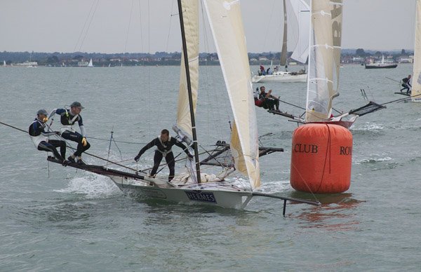 Hermes rounds the windward mark on Day 1 of the Calshot 18ft Skiff Grand Prix photo copyright Peter Danby taken at Calshot Sailing Club and featuring the 18ft Skiff class