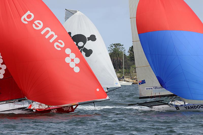 Close spinnaker action in race 5 of the 18ft Skiff NSW Championship - photo © Frank Quealey