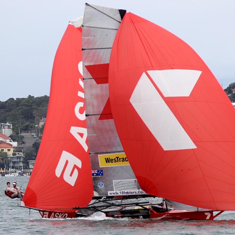 7 crosses Asko just before the finish line in the rescheduled race 1 of the 2014 JJ Giltinan Championship photo copyright Frank Quealey taken at Australian 18 Footers League and featuring the 18ft Skiff class