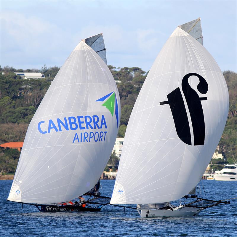Thurlow Fisher Lawyers just shades The Kitchen Maker for fourth place in race 3 of the 2014 JJ Giltinan Championship photo copyright Frank Quealey taken at Australian 18 Footers League and featuring the 18ft Skiff class
