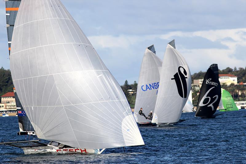 C-tech heads for the finish line as the rest of the fleet follow in race 3 of the 2014 JJ Giltinan Championship photo copyright Frank Quealey taken at Australian 18 Footers League and featuring the 18ft Skiff class
