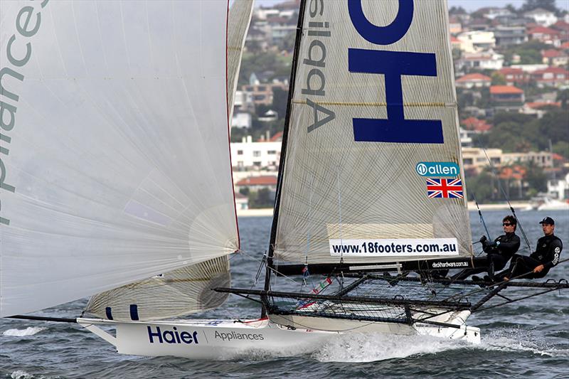 The UK's Haier Appliances and her big no.1 rig in race 5 of the 2014 JJ Giltinan Championship photo copyright Frank Quealey taken at Australian 18 Footers League and featuring the 18ft Skiff class