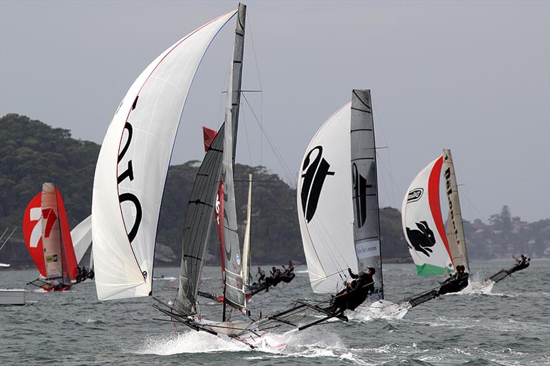 The leaders on the second run to Obelisk in race 5 of the 2014 JJ Giltinan Championship photo copyright Frank Quealey taken at Australian 18 Footers League and featuring the 18ft Skiff class