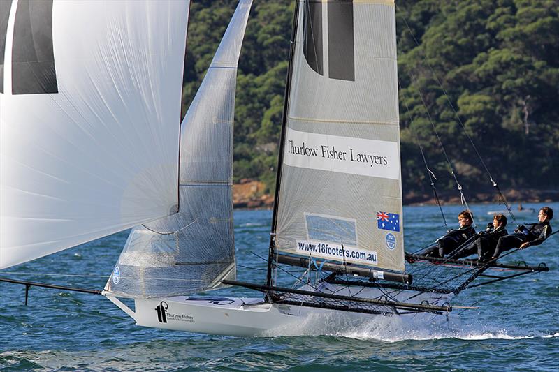 Thurlow Fisher Lawyers team in action as they chase the winner in race 6 of the 2014 JJ Giltinan Championship photo copyright Frank Quealey taken at Australian 18 Footers League and featuring the 18ft Skiff class
