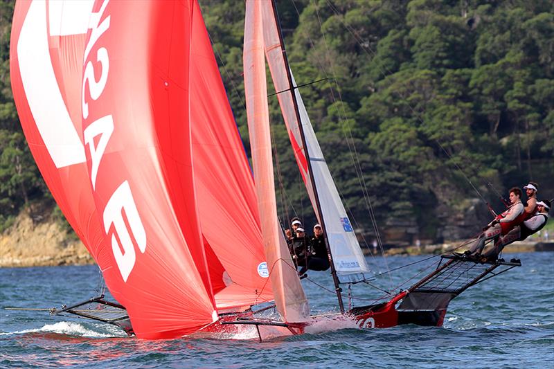 The critical moment when Asko Apliances grabbed the lead from Gotta Love It 7 in race 7 of the 2014 JJ Giltinan Championship photo copyright Frank Quealey taken at Australian 18 Footers League and featuring the 18ft Skiff class