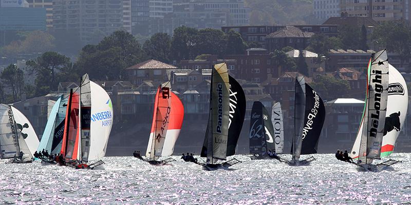The fleet at the bottom mark during race 11 of the Australian 18 Footers League's Club Championship - photo © Frank Quealey