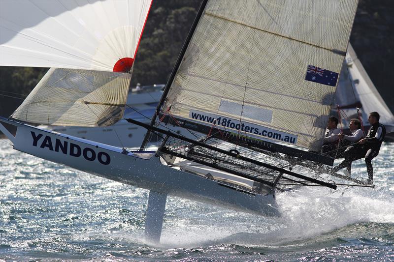 Yandoo 'flies'down the second spinnaker run in the Major A. Frizelle Trophy Race photo copyright Frank Quealey taken at  and featuring the 18ft Skiff class