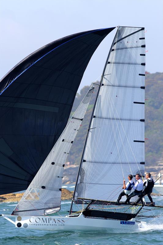 Compassmarkets.com sporting her new sails finished a creditable fifth place in race 1 of the 18ft Skiff Club Championship on Sydney Harbour photo copyright Frank Quealey taken at  and featuring the 18ft Skiff class