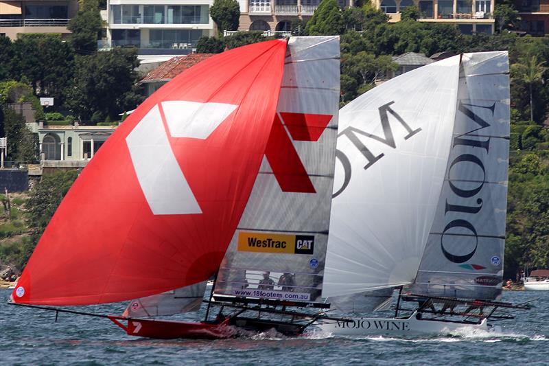 Gotta Love It 7 and Mojo Wine continue their strong rivalry during race 2 of the NSW Championship photo copyright Frank Quealey taken at  and featuring the 18ft Skiff class