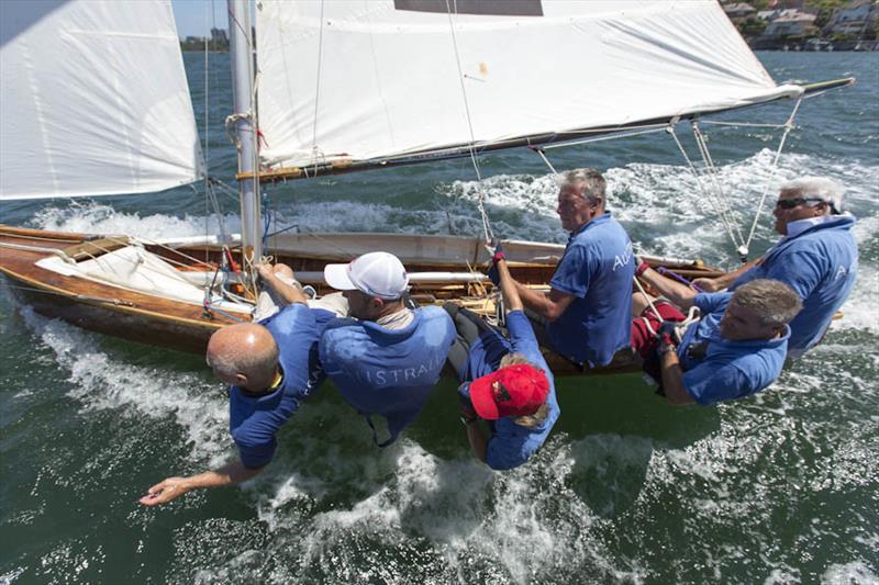 Pakhtun Shah's Australia crew hiking to windward at the Historical Skiff Australian Championship photo copyright Andrea Francolini taken at Sydney Flying Squadron and featuring the 18ft Skiff class