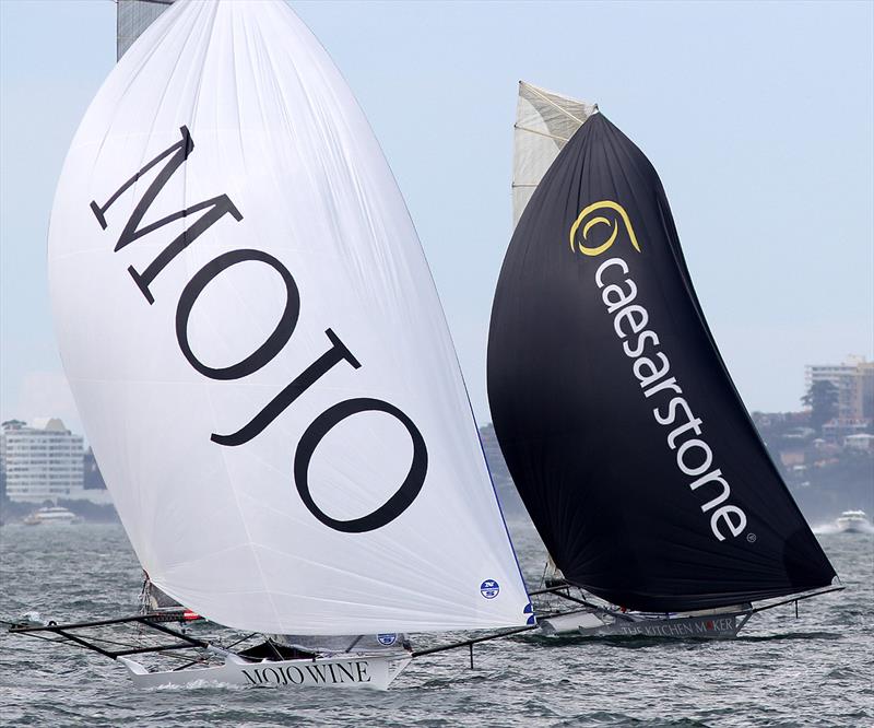 Mojo Wine and The Kitchen Maker battle on the first spinnaker run during race 3 of the NSW Championship photo copyright Frank Quealey taken at  and featuring the 18ft Skiff class