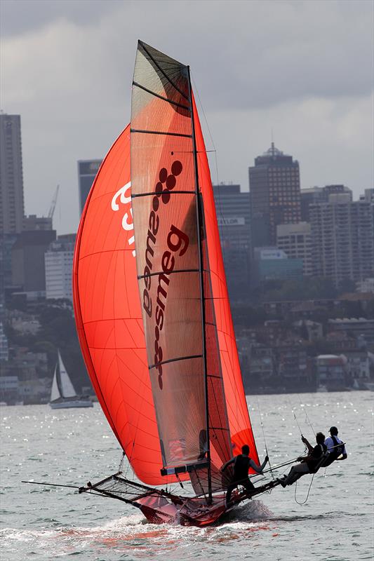 Smeg team look relaxed on the final spinnaker run during race 5 of the NSW Championship photo copyright Frank Quealey taken at  and featuring the 18ft Skiff class