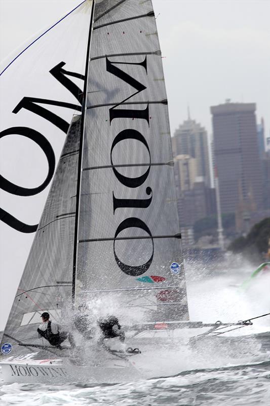Mojo Wine shows her downwind speed on the middle run during 18ft Skiff JJ Giltinan Trophy Race 1 photo copyright Frank Quealey taken at  and featuring the 18ft Skiff class