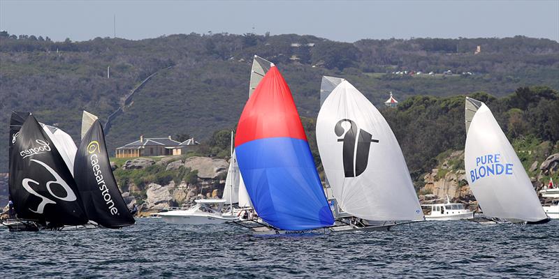 The fleet look for more wind during 18ft Skiff JJ Giltinan Trophy Race 2 photo copyright Frank Quealey taken at  and featuring the 18ft Skiff class