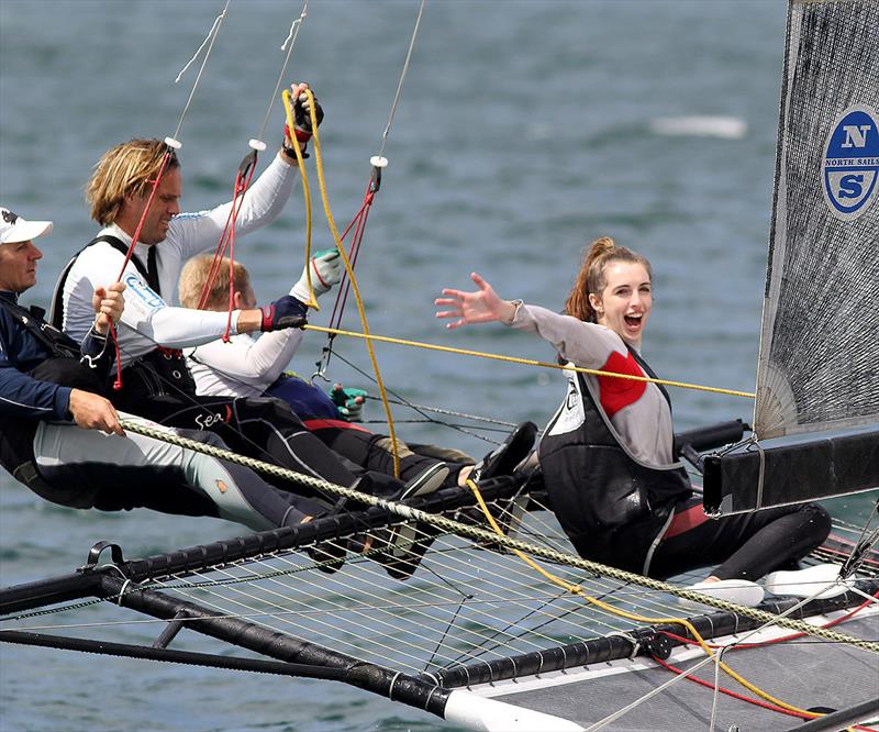 Maddie Mitchell shows the enthusiasm of competing on De'Longhi (18ft Skiff Queen of the Harbour 2015) photo copyright Frank Quealey taken at Australian 18 Footers League and featuring the 18ft Skiff class