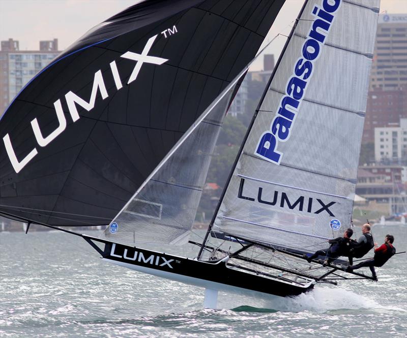 Van Munster and his team drive Lumix hard down the centre of Sydney Harbour during the 18ft Skiff Alf Beashel Memorial Trophy photo copyright Frank Quealey taken at Australian 18 Footers League and featuring the 18ft Skiff class