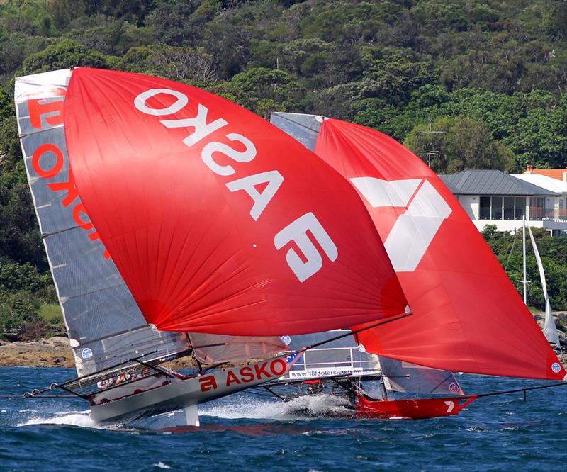 Asko Appliances and Gotta Love It 7 battle for second position on the first spinnaker run during the 18ft Skiff Alf Beashel Memorial Trophy photo copyright Frank Quealey taken at Australian 18 Footers League and featuring the 18ft Skiff class