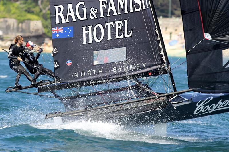 Coopers 62-Rag and Famish Hotel was near the lead before an untimely capsize put them back into 7th position in race 1 of the 18ft Skiff NSW Championship photo copyright Frank Quealey taken at Australian 18 Footers League and featuring the 18ft Skiff class
