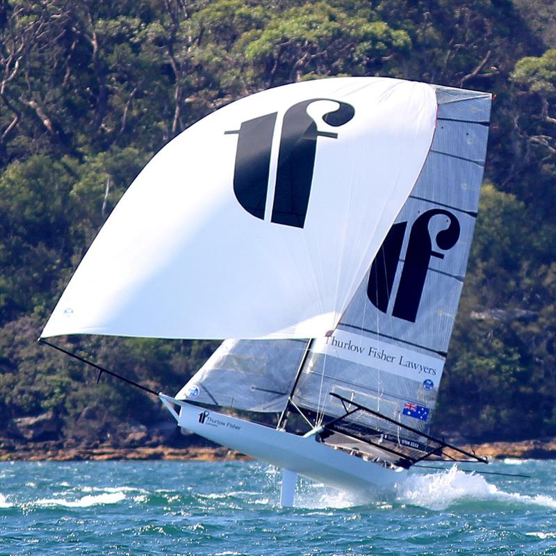 Thurlow Fisher Lawyers was flying down the second spinnaker run during race 1 of the 18ft Skiff NSW Championship photo copyright Frank Quealey taken at Australian 18 Footers League and featuring the 18ft Skiff class