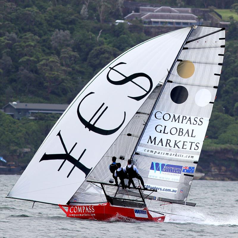Compassmarkets.com on the spinnaker run across the harbour from Rose Bay during race 2 of the 18ft Skiff NSW Championship photo copyright Frank Quealey taken at Australian 18 Footers League and featuring the 18ft Skiff class