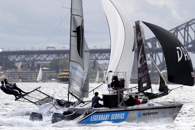 Video team right on the spot for some close action during race 2 of the 18ft Skiff NSW Championship photo copyright Frank Quealey taken at Australian 18 Footers League and featuring the 18ft Skiff class