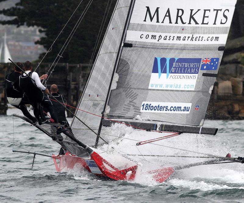 Compassmarkets.com bears away at the Rose Bay mark during race 3 of the 18ft Skiff NSW Championship photo copyright Frank Quealey taken at Australian 18 Footers League and featuring the 18ft Skiff class
