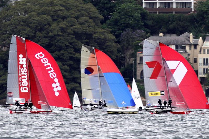 Three leaders on the first lap between the islands during race 4 of the 18ft Skiff NSW Championship photo copyright Frank Quealey taken at Australian 18 Footers League and featuring the 18ft Skiff class