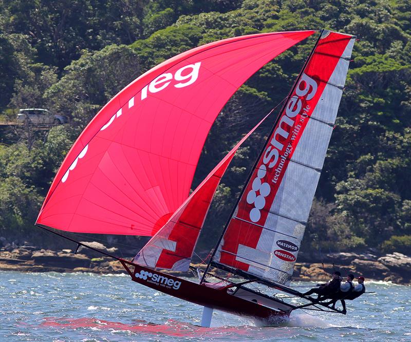 Smeg was flying downwind but had to settle for second place in race 1 of the 18ft Skiff Australian Championship photo copyright Frank Quealey taken at Sydney Flying Squadron and featuring the 18ft Skiff class