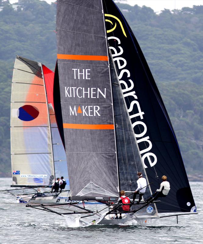 Yandoo was race leader mid-way through the course with The Kitchen Maker in second place during race 3 of the 18ft Skiff Australian Championship photo copyright Frank Quealey taken at Australian 18 Footers League and featuring the 18ft Skiff class
