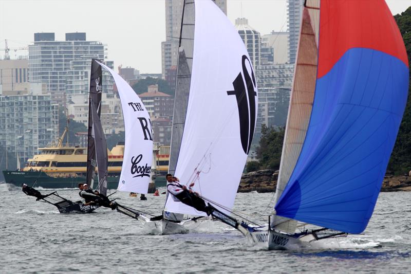 Yandoo leads Thurlow Fisher Lawyers and Coopers 62-Rag and Famish Hotel on the run into Chowder Bay during race 3 of the 18ft Skiff Australian Championship - photo © Frank Quealey