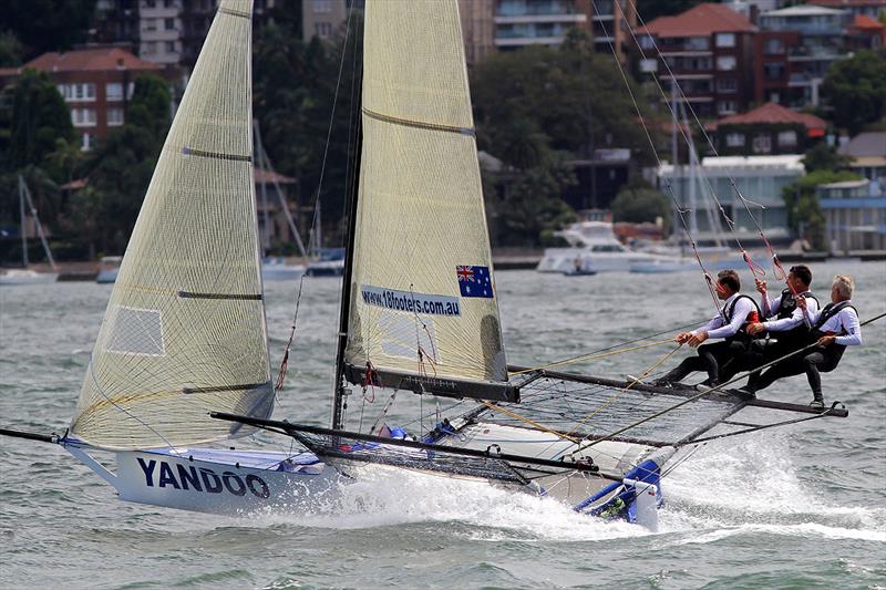 Race winner at full speed under main and jib during race 5 of the 18ft Skiff Australian Championship photo copyright Frank Quealey taken at Australian 18 Footers League and featuring the 18ft Skiff class