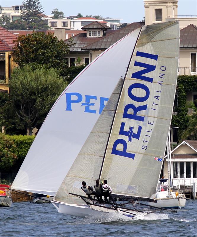 Peroni, the latest sponsor to join the 18 Footers fleet, during race 5 of the 18ft Skiff Australian Championship photo copyright Frank Quealey taken at Australian 18 Footers League and featuring the 18ft Skiff class
