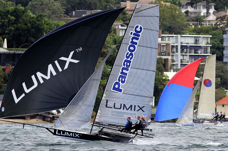 Lumix and Yandoo battle for the lead on the first lap of the course during race 5 of the 18ft Skiff Australian Championship photo copyright Frank Quealey taken at Australian 18 Footers League and featuring the 18ft Skiff class